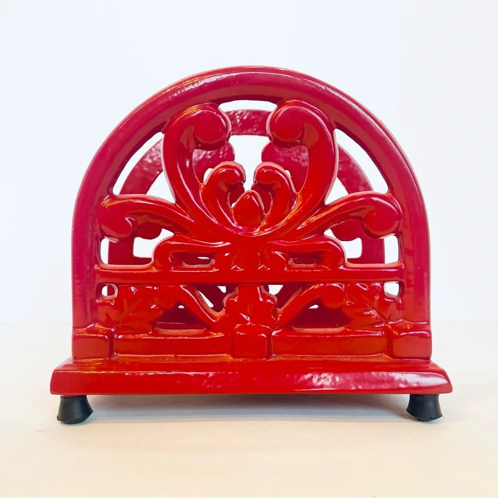 Heavy Made Cast Iron Napkin Holder Home Red Enameled 5” Tall x 5.5” Long - Picture 2 of 7